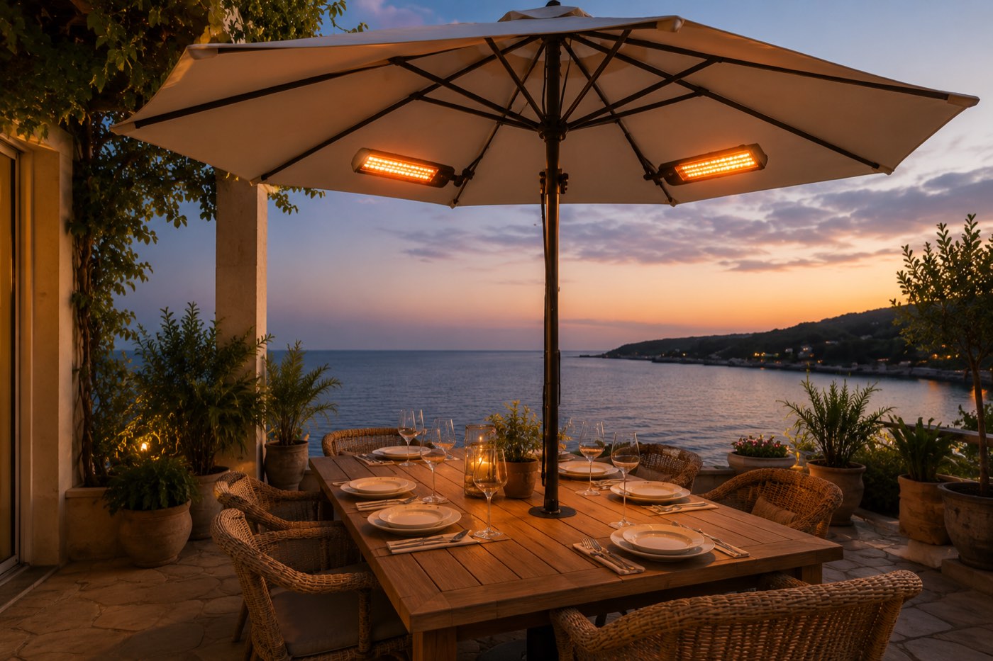 Parasol chauffant allumé le soir sur une terrasse dressée pour dîner face à la mer