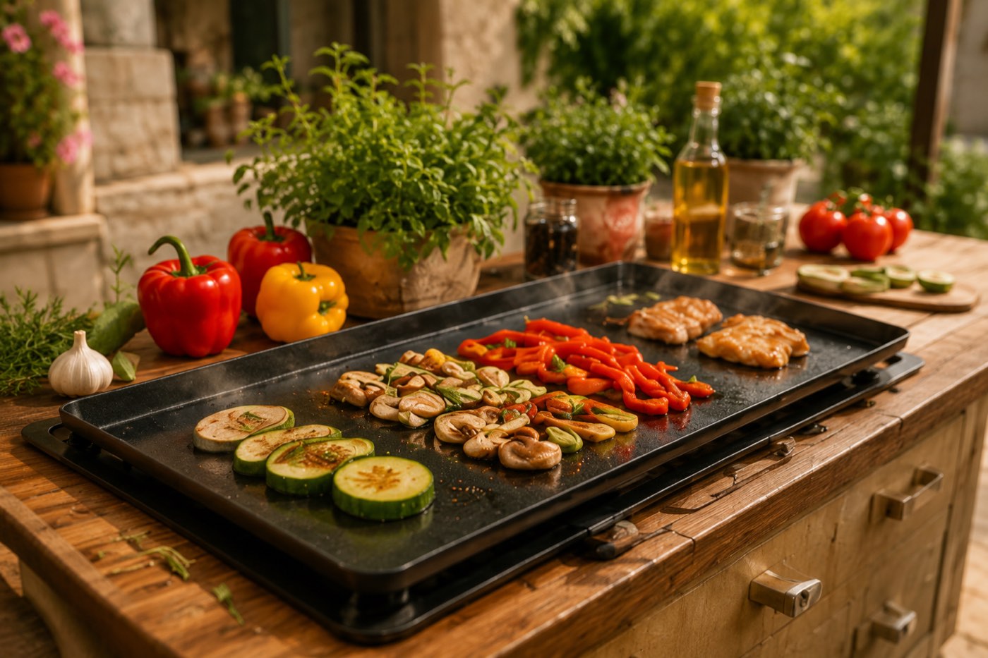 Légumes et viande en cours de cuisson sur une plancha installée sur une terrasse