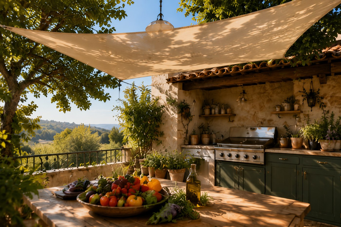 Terrasse aménagée en espace bien-être extérieur avec voile d'ombrage et cuisine d'été
